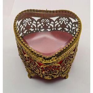 Vintage Ormolu Heart Shaped Jewelry Red Velvet Lined Box Casket Beveled Glass
